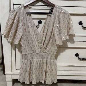 Express Cream Pleated Flutter Sleeve Blouse with Gold Accents